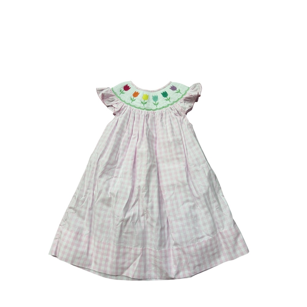 Poppy Kids Co Pink Gingham Smocked Tulip Bishop Dress Girls Size 5 Easter Spring